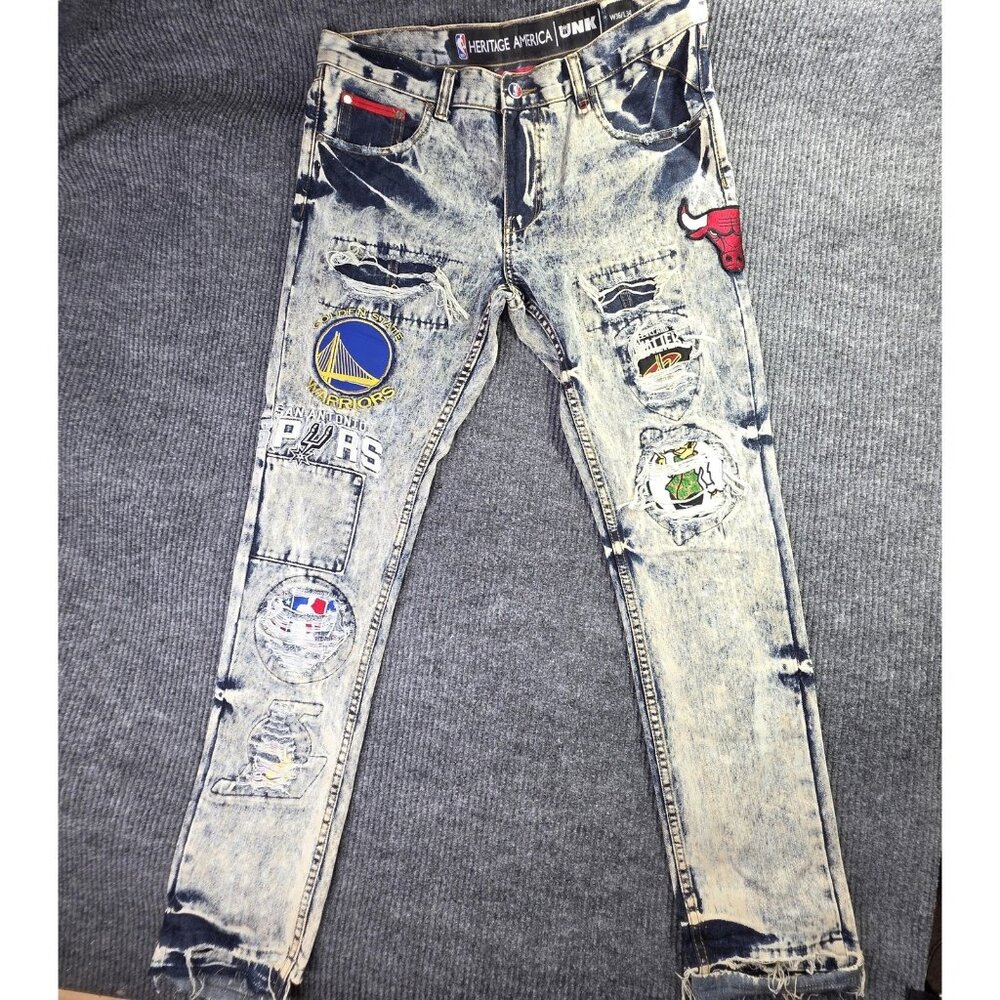 UNK Heritage America Jeans Mens 36 x 34 NBA Basketball Distressed Patches Grunge - Picture 3 of 16